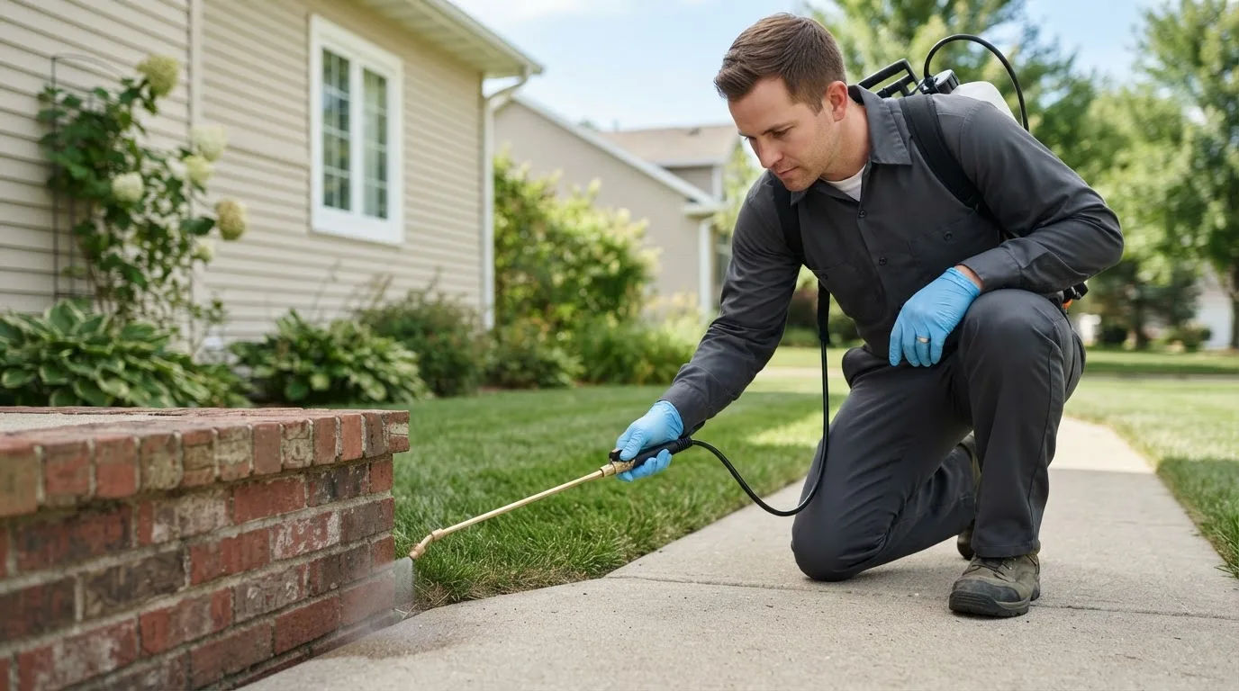 Pest control technician treating a home near Wareham, MA